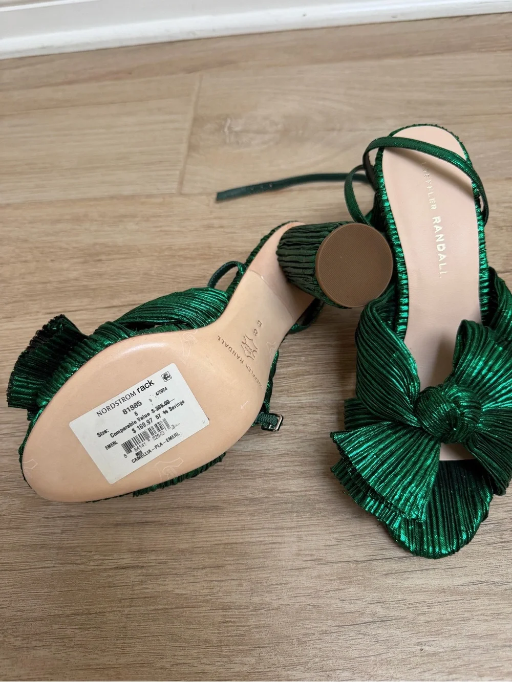 NWT Loeffer Randall Green Pleated Knot Bow Heeled Sandals
